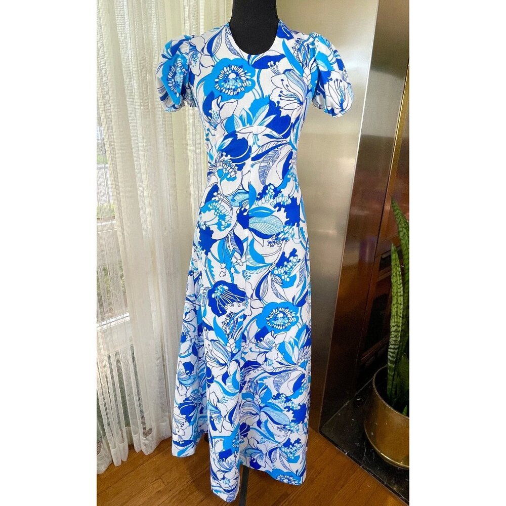 Vintage 60s maxi dress, white, with large tropical blue flowers